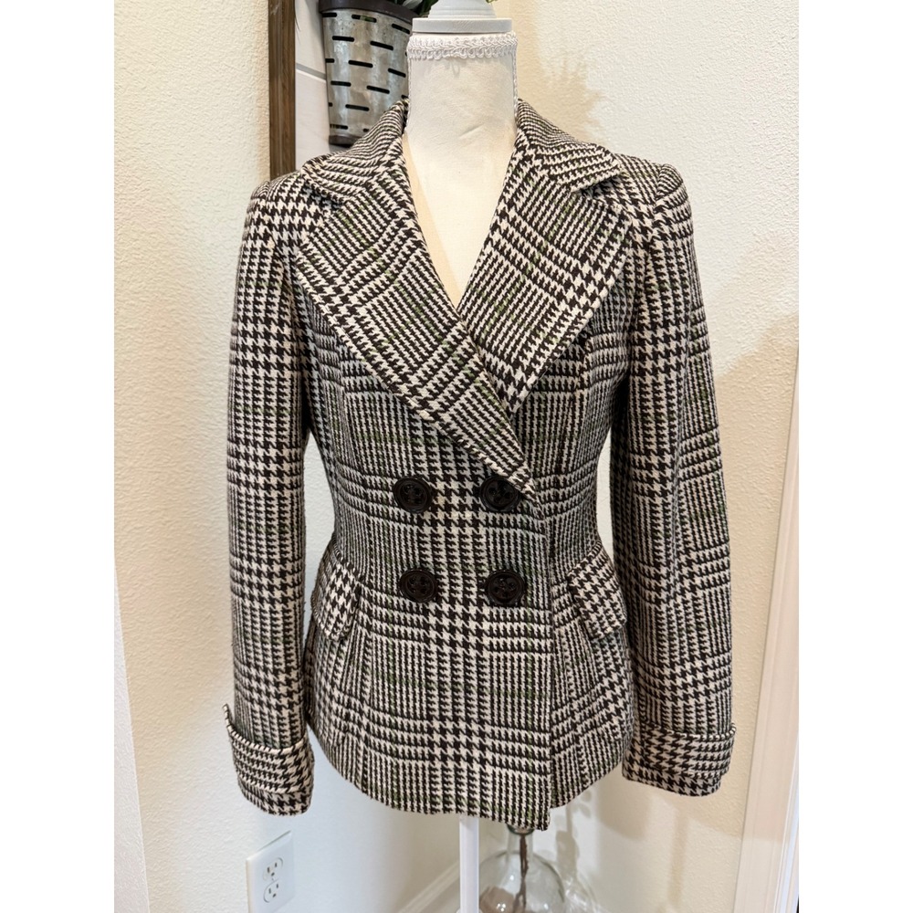 Isabel & Nina Houndstooth Double Breasted Blazer Jacket Green Plaid Wool Blend 4